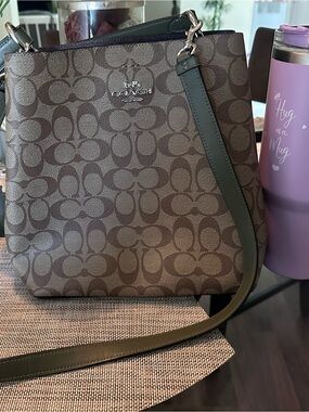 Coach Khaki Signature Crossbody with Green Trim